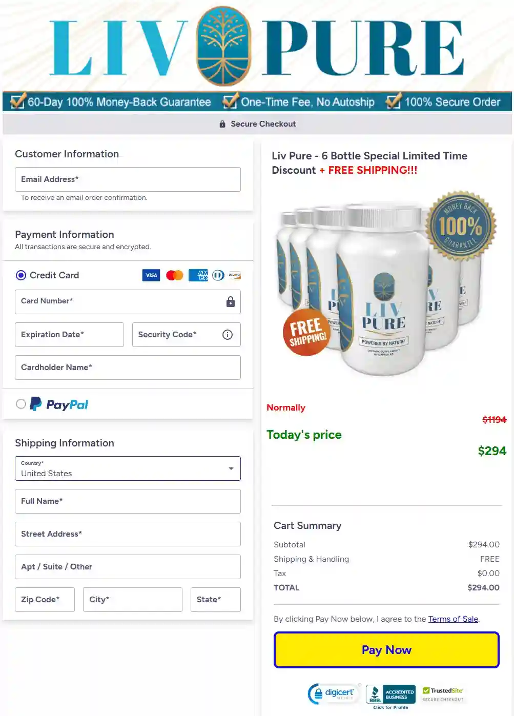 livpure order page pricing